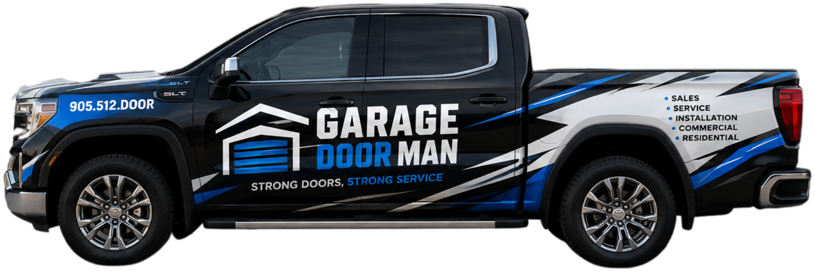 The Garage Doorman service truck: a black GMC Sierra wrapped in blue, white and grey